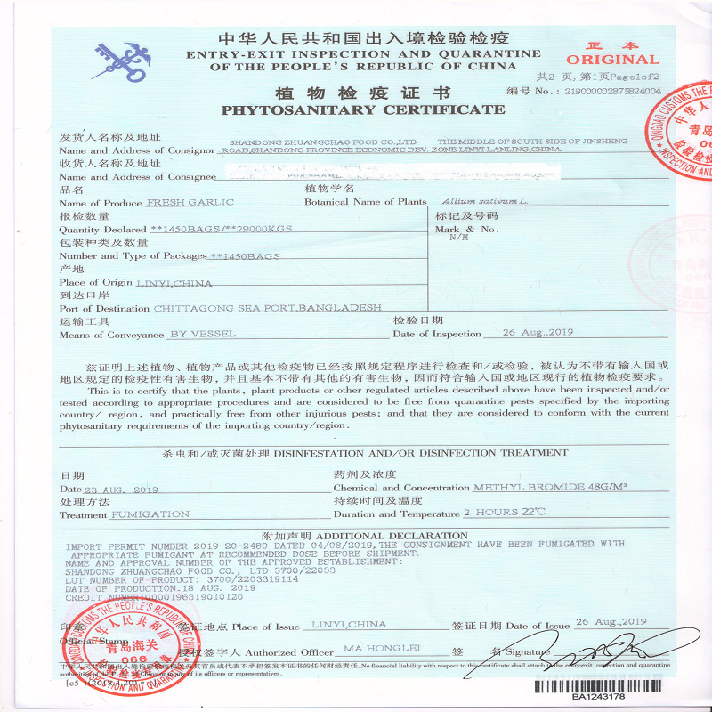 PHYTOSANITARY CERTIFICATE(1)